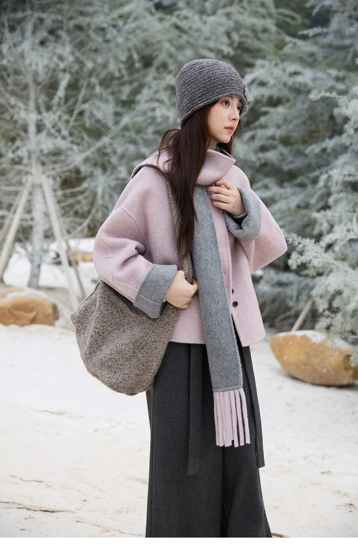 Mishow Tweed Wool Double-Faced Short Coat with Scarf MXE86W0977