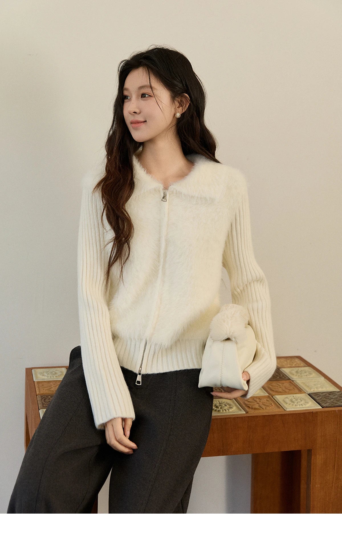 Mishow White Faux Fur Fake Two-Piece Zipper Cardigan MXE94Z2992