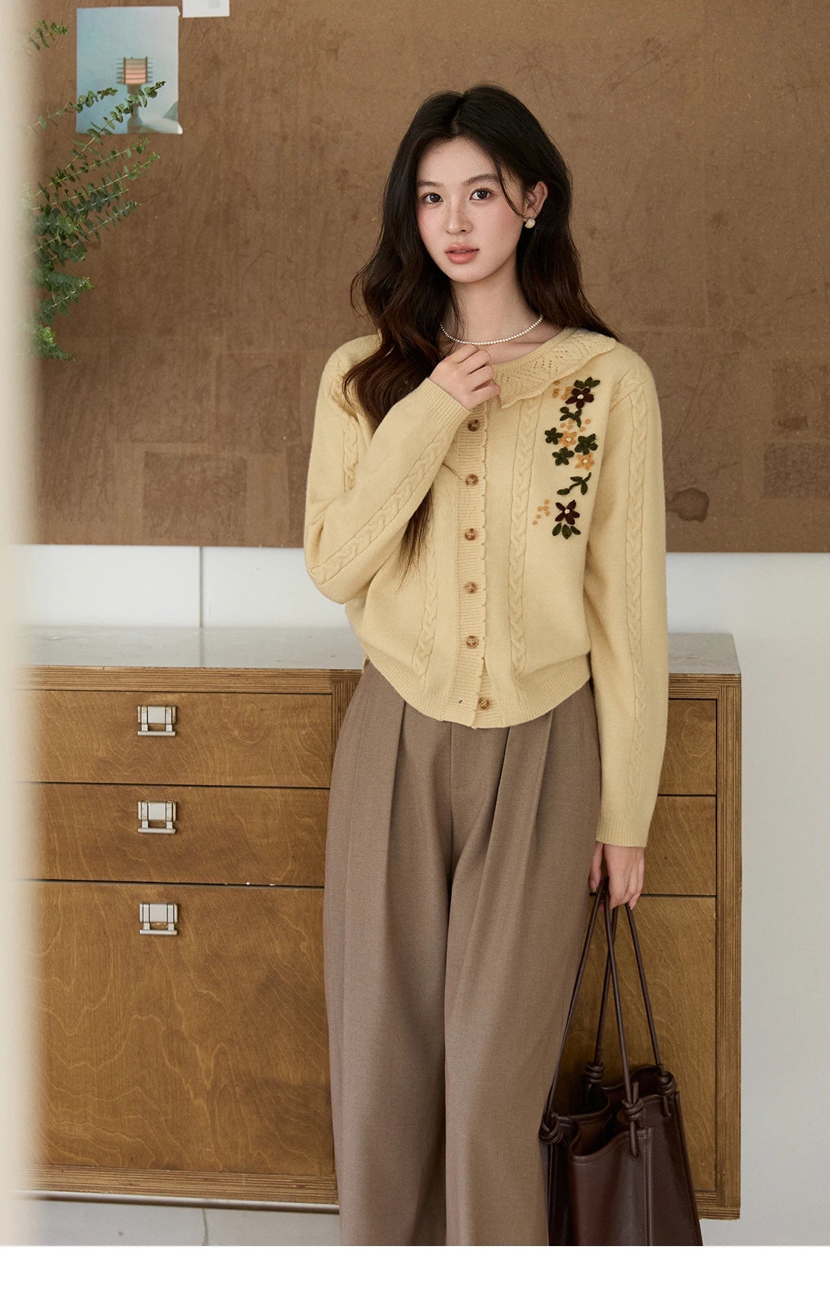 Mishow Peter Pan Collar Floral Cable Cardigan MXF11Z2904