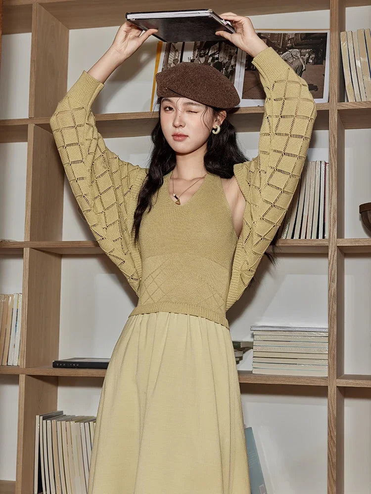 Mishow Hanging Neck Dress & Hollow Knit Cardigan Set MPD42L2040