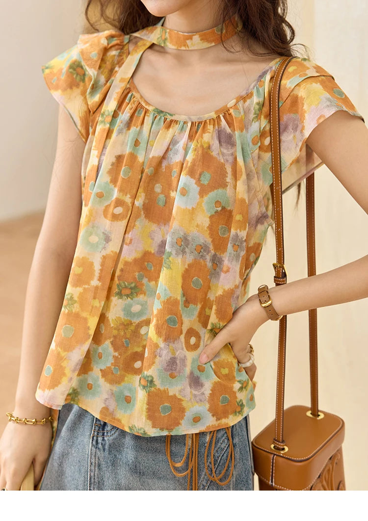 MISHOW Cotton Citrus Oil Painting Blouse Flying Sleeve MXE36X1872