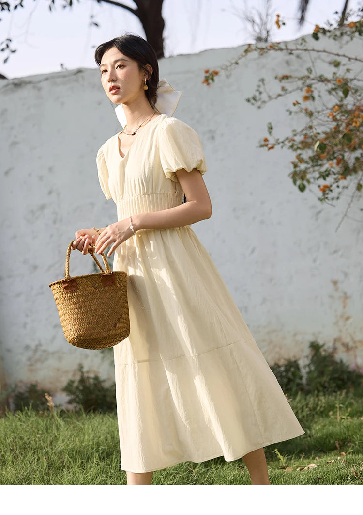 Mishow French Puff Sleeve V-Neck Cotton Dress MXE34L2288