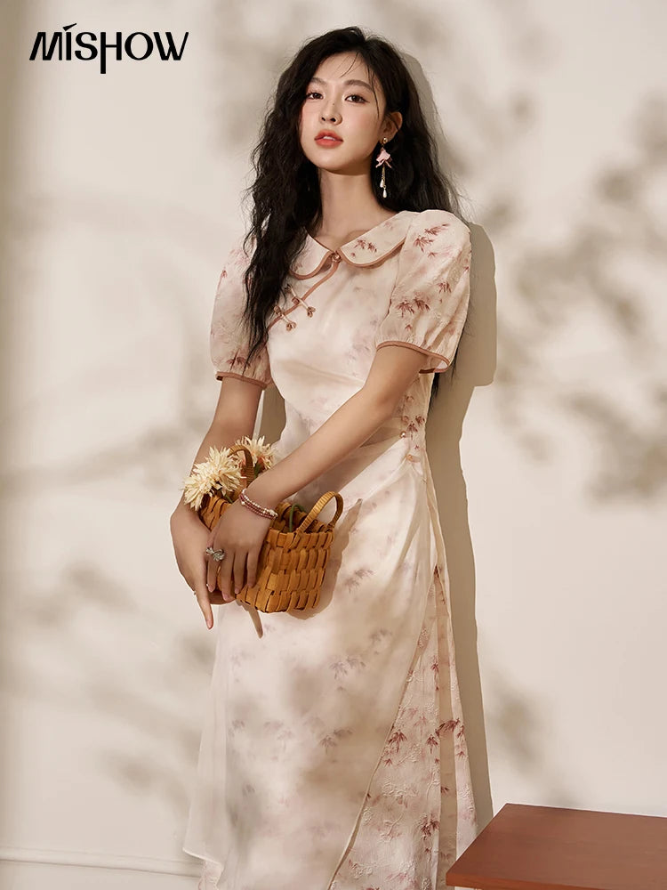 Mishow Chinese Doll Collar Pink Bamboo Print Dress MXD22L1829