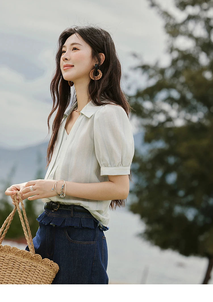 MISHOW Solid Short Sleeve Blouse Turn-Down Collar Slimming MXE33C0782