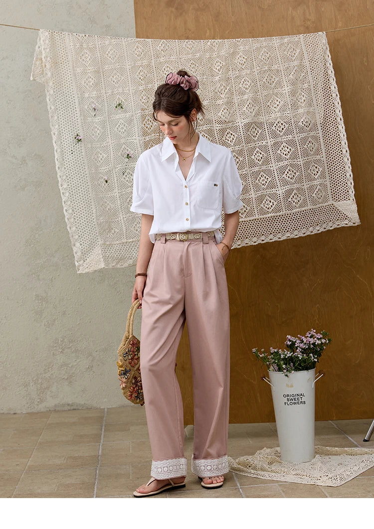 MISHOW French Turn-Down Collar Short Sleeve Solid Blouse MXE33C0778