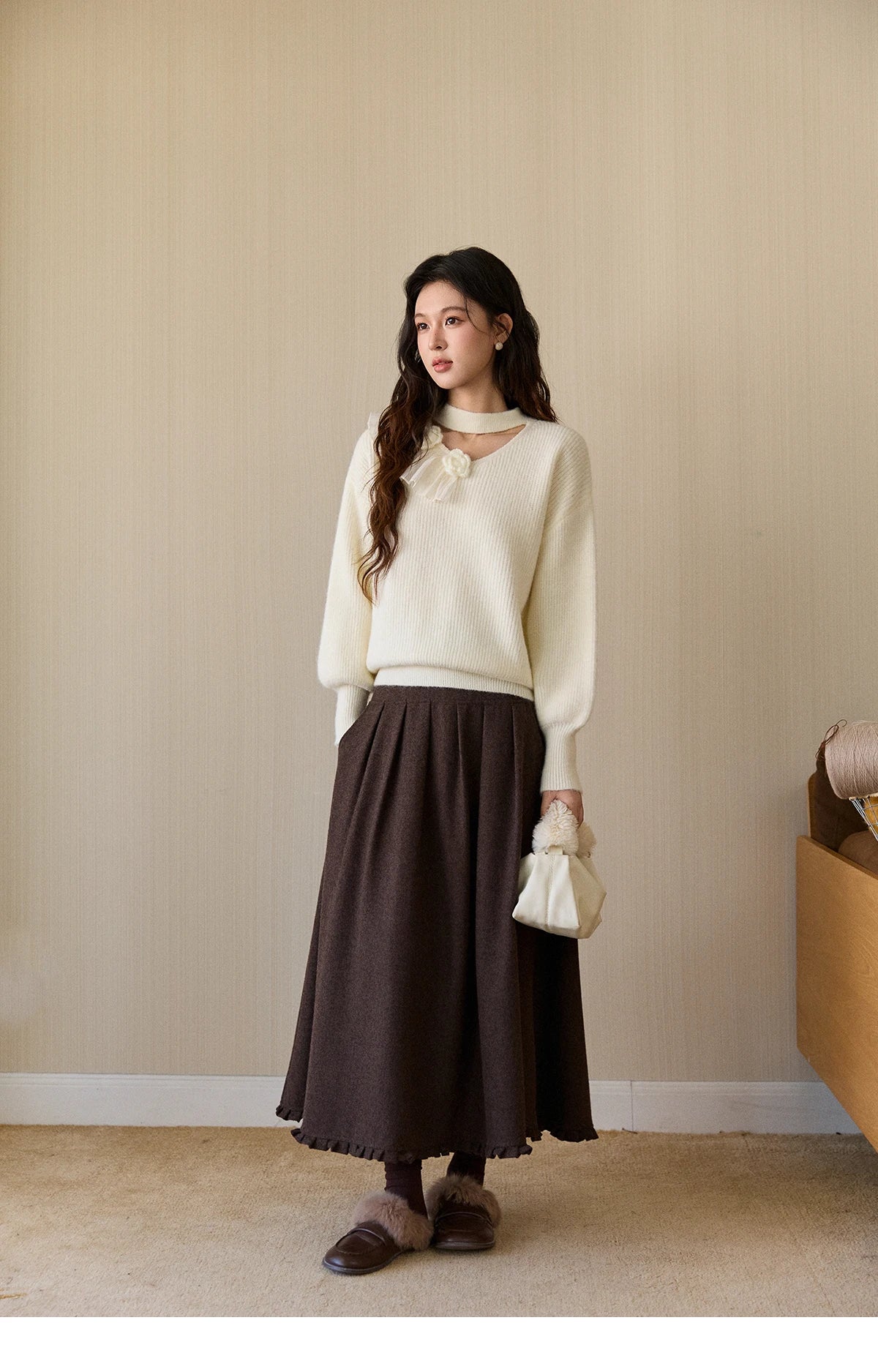 Mishow Cutout Neck Ruffle Flower Lantern Sleeve Pullover MXE94Z2982