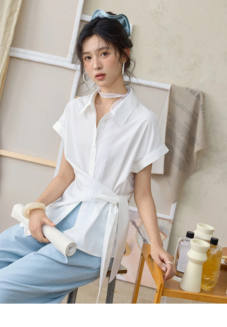 MISHOW Sea Salt Blue Wide Leg Pants Contrasting Bead Belt MXE35K0931