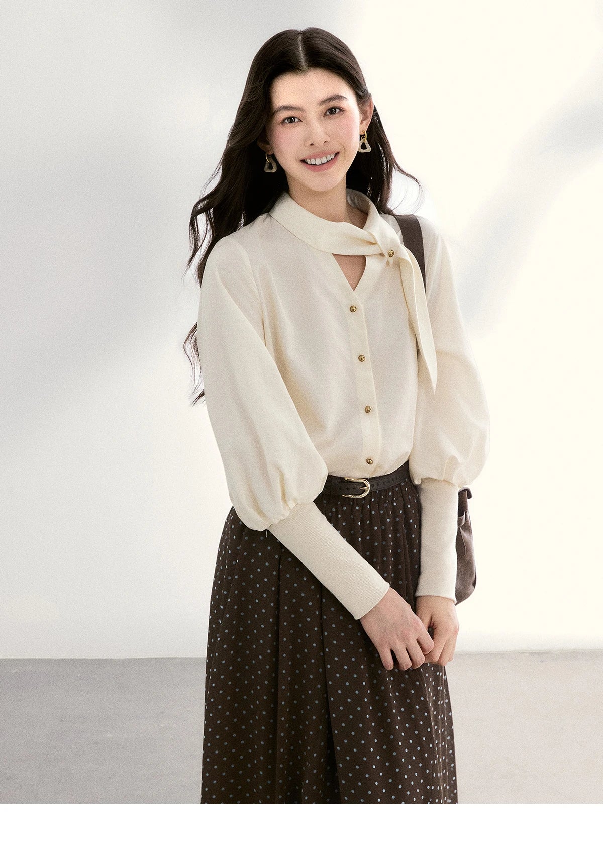 MISHOW Women's Tie Neck Shirt Hollow Out Knitted Patchwork Puff Sleeve MXF108C0812