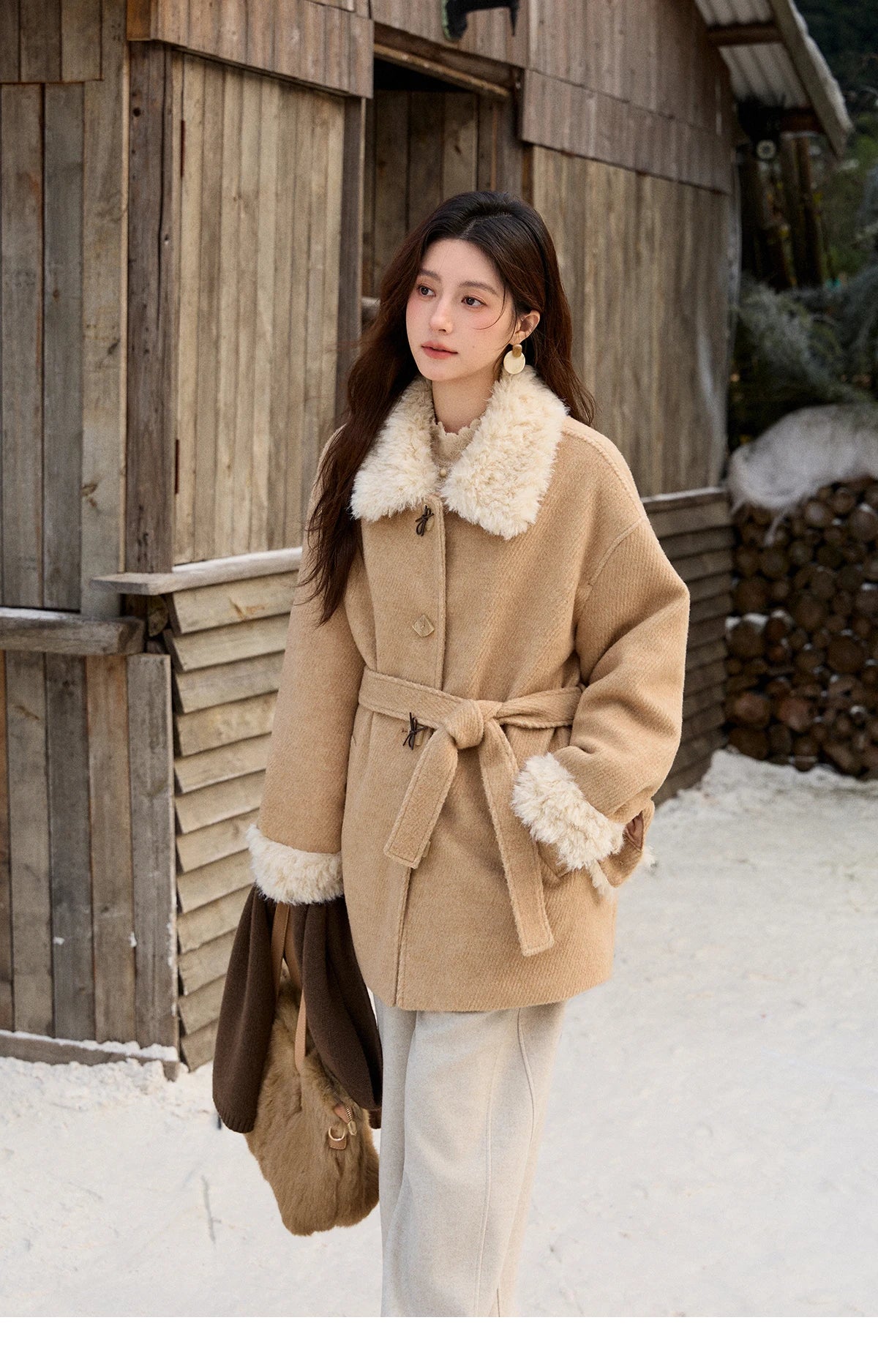 Mishow Thick Wool Blend Belted Patchwork Coat MXE92W0997