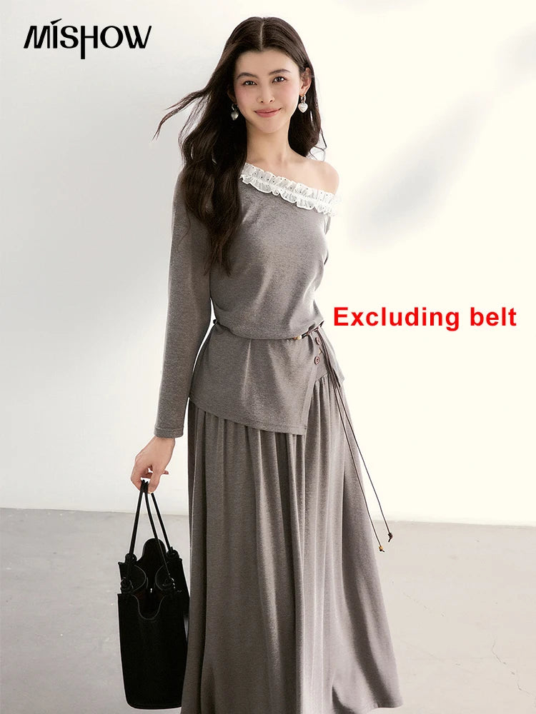 Mishow Grey Off-Shoulder Lace Trim Top & Maxi Skirt Set MXF13T1479