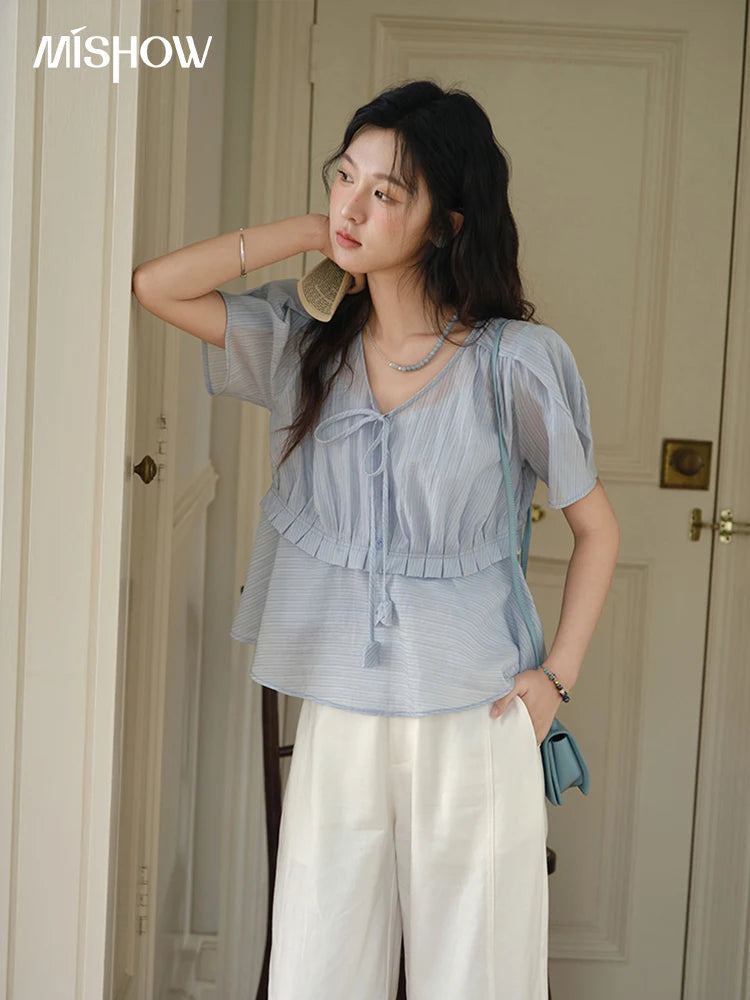 MISHOW V-Neck Blouse Splicing Button Lace Up Short Sleeve MXE34X1821