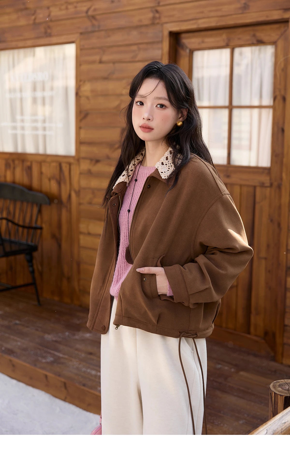 MISHOW Brown Jacket Detachable Lace Collar Drawstring Hem MXE45W0846