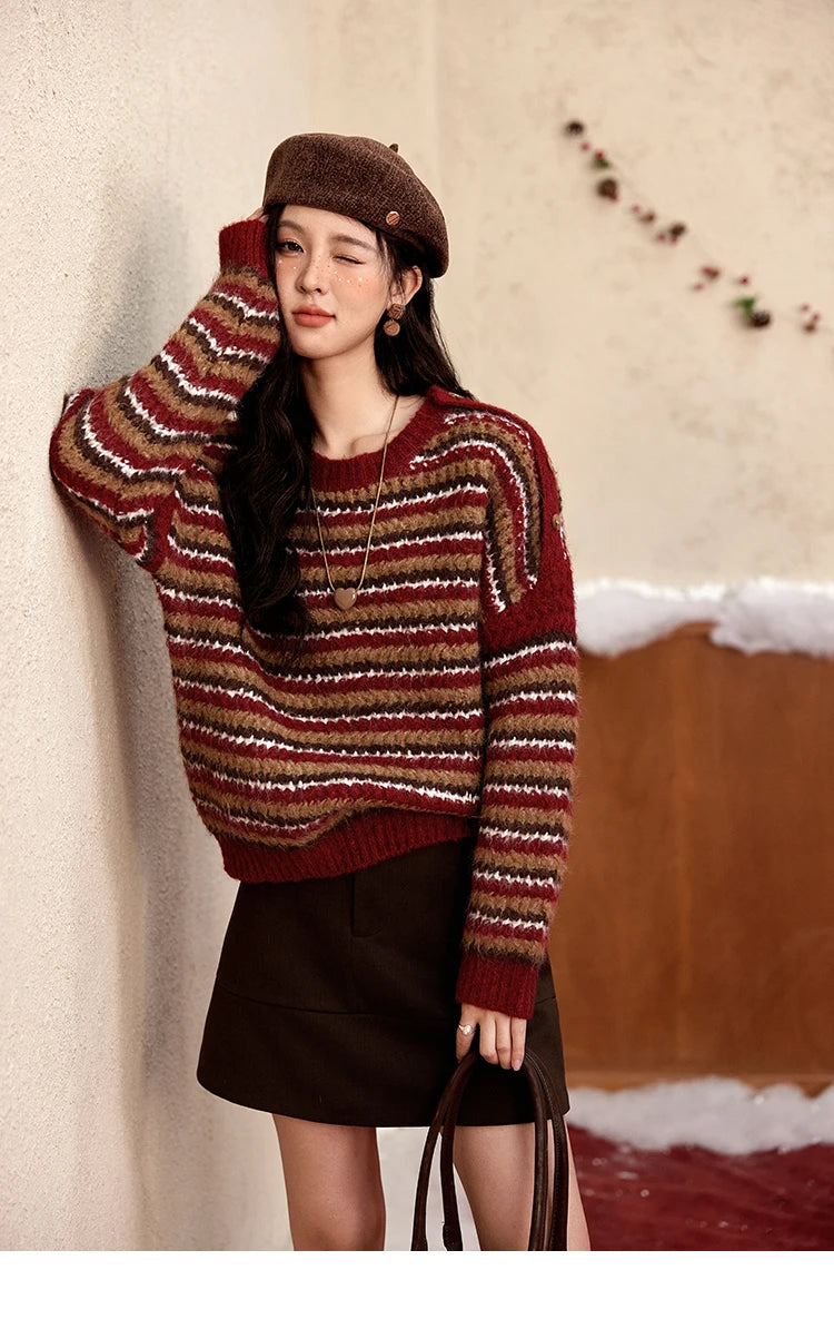 Mishow Christmas Retro Striped Wool Blend Button Sweater MXD59Z1060