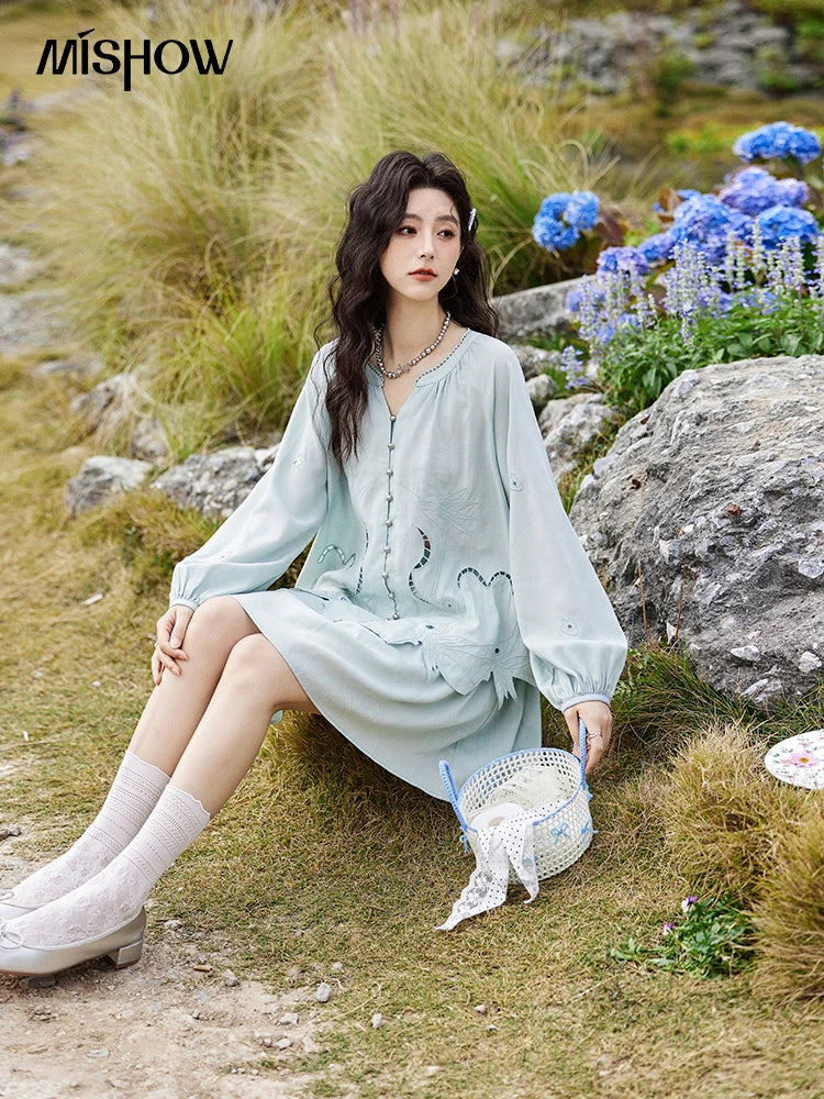 Mishow Vintage Hollow Embroidery Blouse & Solid A-Line Skirt Set MXE12T0455