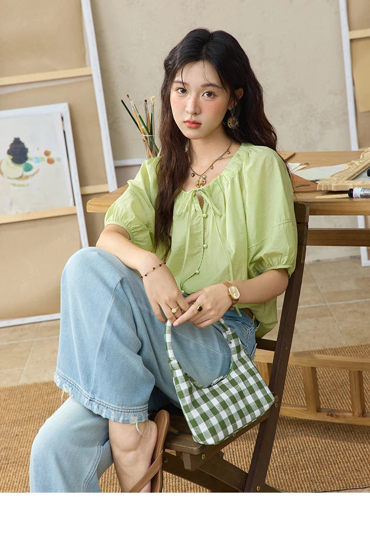 MISHOW Round Neck Blouse Lace Up Puff Sleeve MXE36X1875