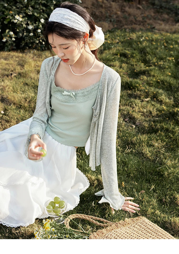 Mishow Light Green Lace Bow Camisole & Cardigan Set MXE15T0504