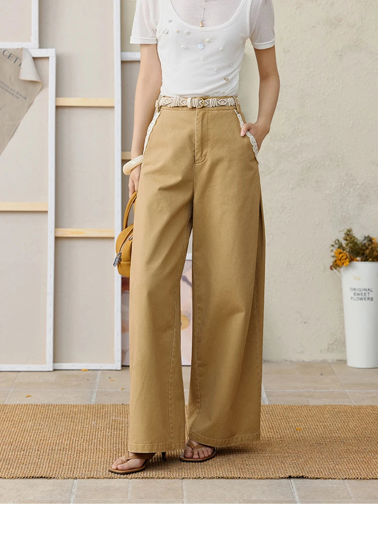 MISHOW Cotton Khaki Lace Patchwork Wide Leg Pants High Waist MXE34K0925