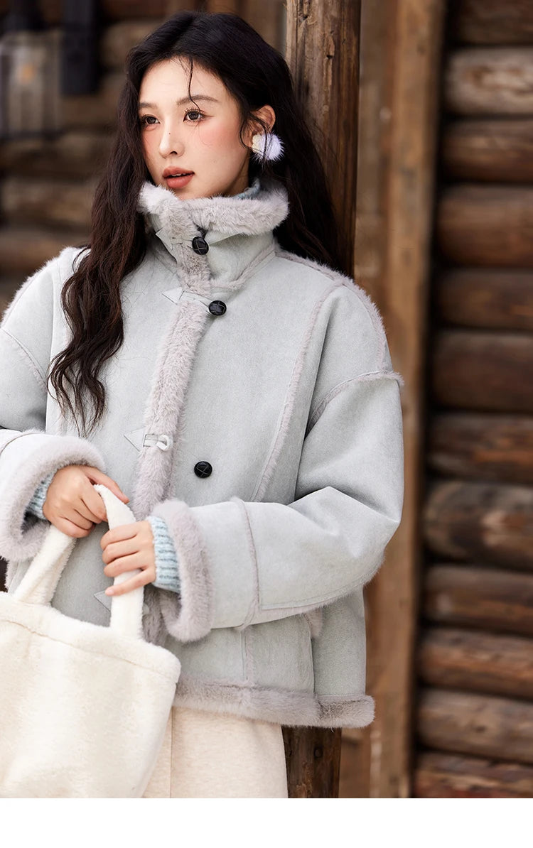 Mishow Suede Plush Fur Collar Jacket with Bag MXD57W0737