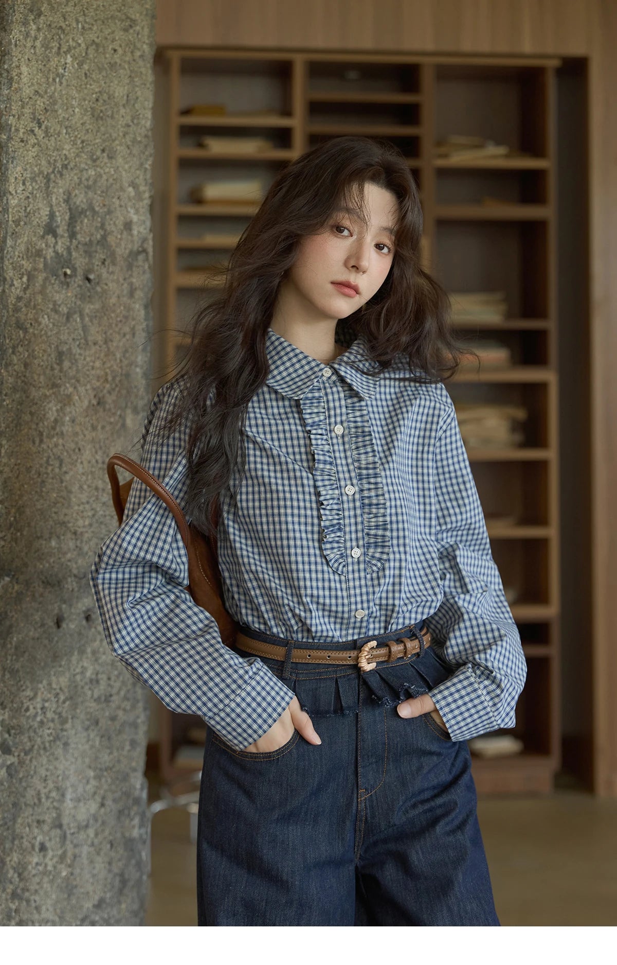 MISHOW Blue Plaid Cotton Shirt Doll Collar Dropped Shoulder MXE44C2391