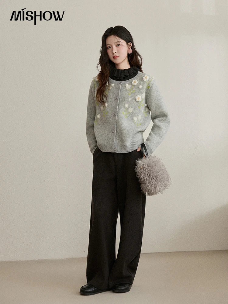 Mishow Gray Flower Embroidery Round Collar Cardigan MXE91Z2836