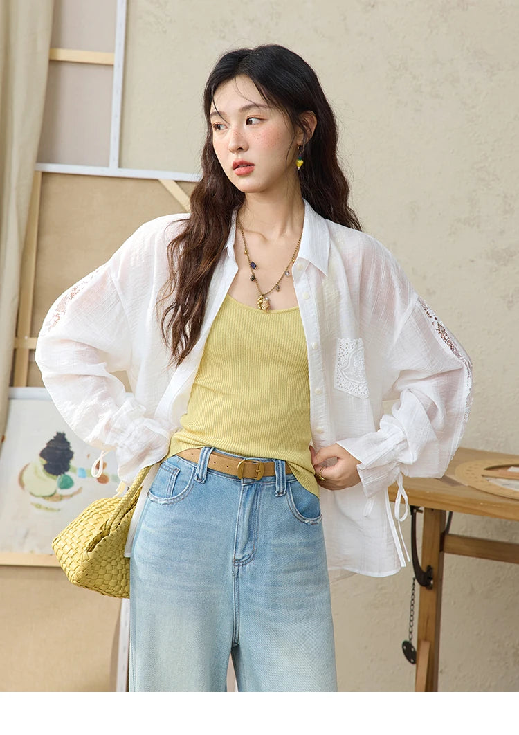 MISHOW Women's Patchwork Lace Shirt Lapel Drop Sleeve Drawstring Cuffs MXE31C0789