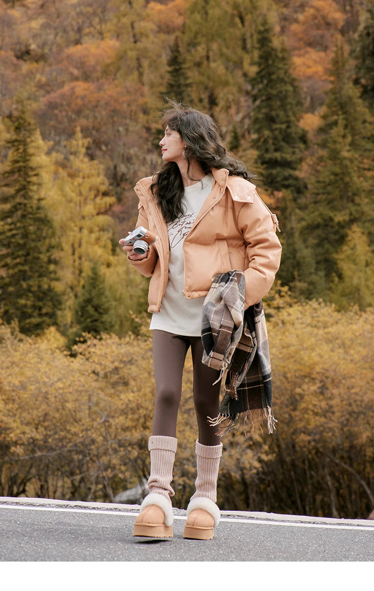 Mishow Hooded Imitation Leather Short Down Jacket MXC52Y0008