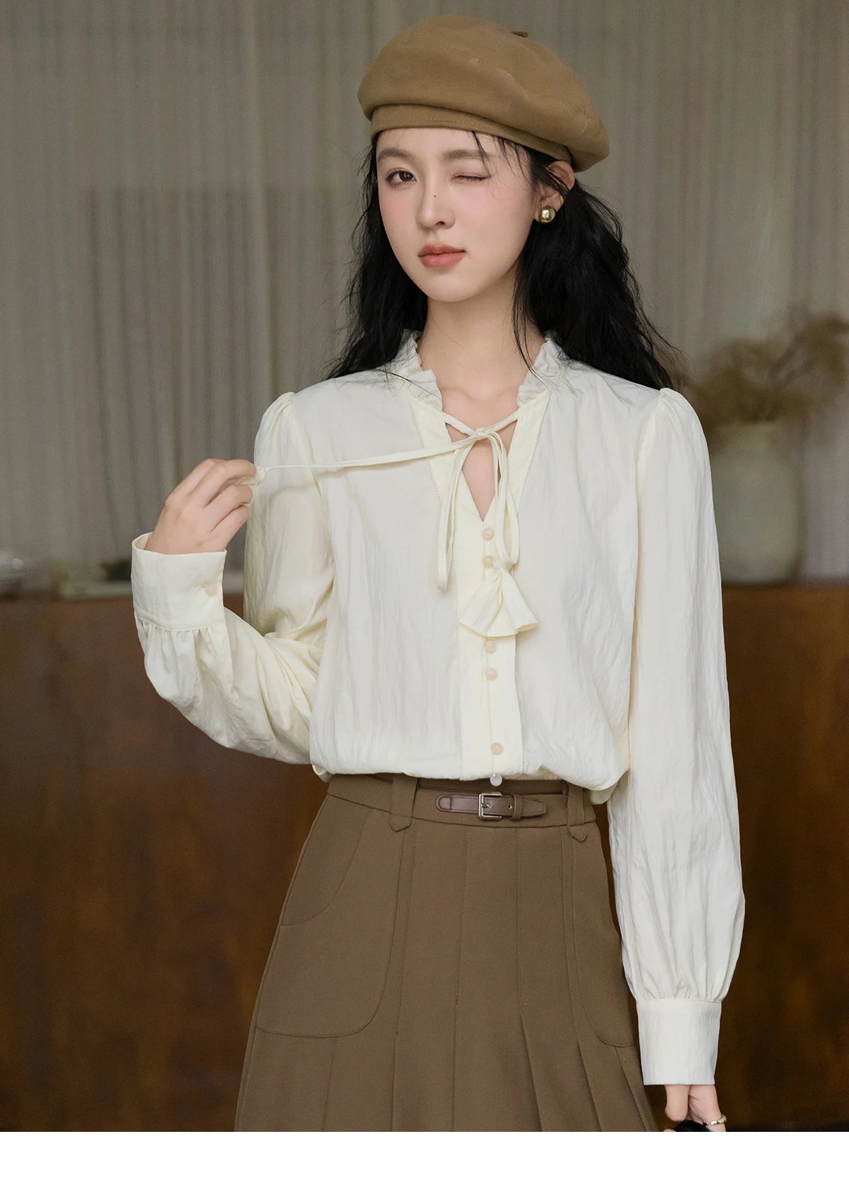 MISHOW Flower Bud Tie Lyocell Shirt V-Neck Long Sleeve MXD42X1640