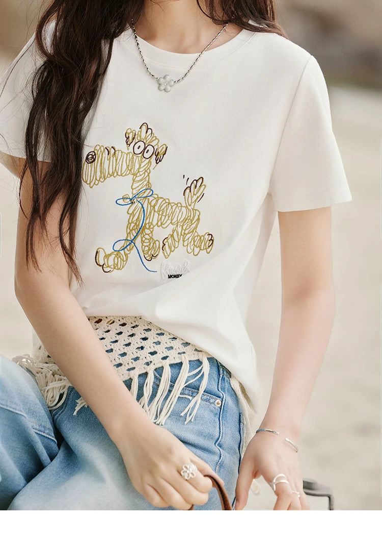 Mishow Cartoon Print Loose Embroidery Tee MXE31T0550