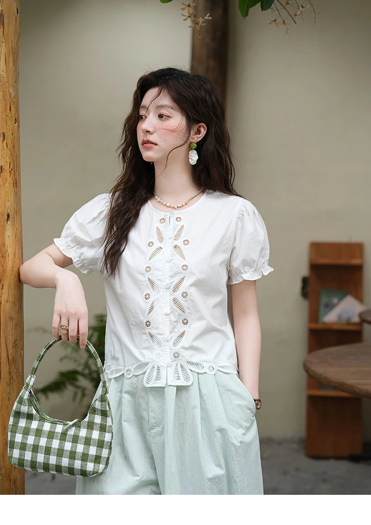 MISHOW 100% Cotton Hollow Embroidery Round Neck Puff Sleeve MXE39X1938