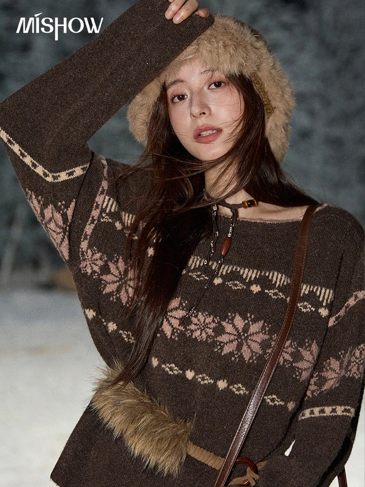 Mishow Brown Snowflake Jacquard Crew Neck Pullover MXE86Z2655