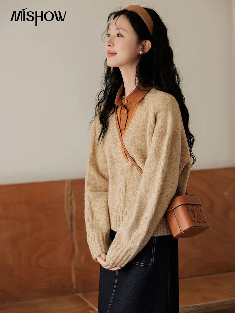 Mishow Vintage False Two-Piece V-Neck Knit Top MXD42Z0695