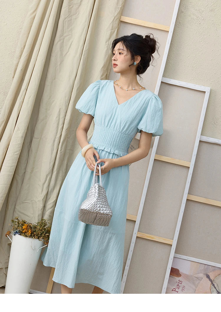 Mishow French Puff Sleeve V-Neck Cotton Dress MXE34L2288