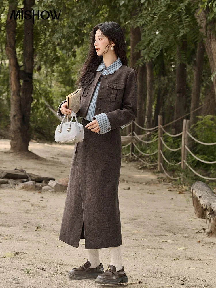 Mishow Plaid Tweed O-Neck Jacket & Front Slit Long Skirt Set MXD43W0445