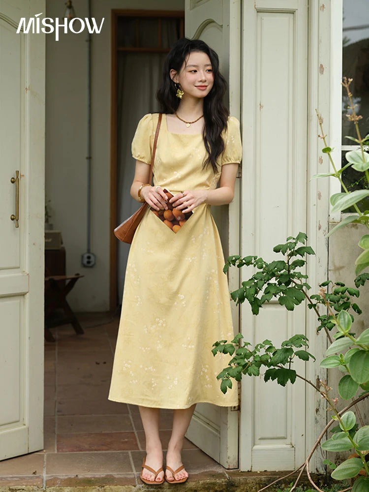Mishow Square Neck Puff Sleeve Bamboo Jacquard Dress MXE39L2415