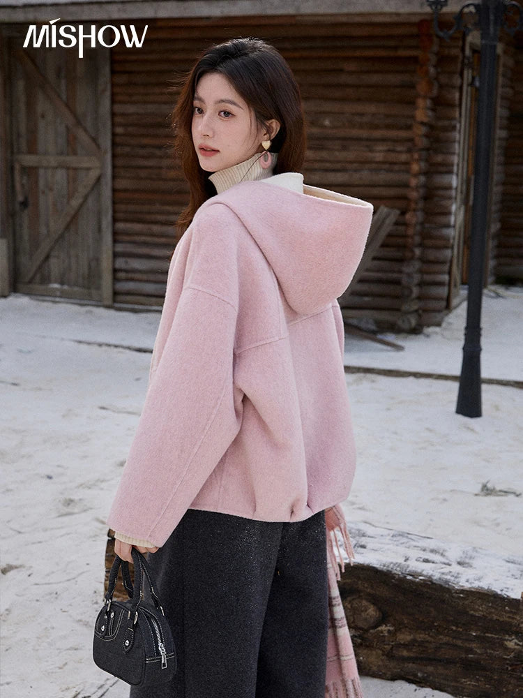 Mishow Pink Wool Hooded Bow Tie Strap Coat MXE91W1010