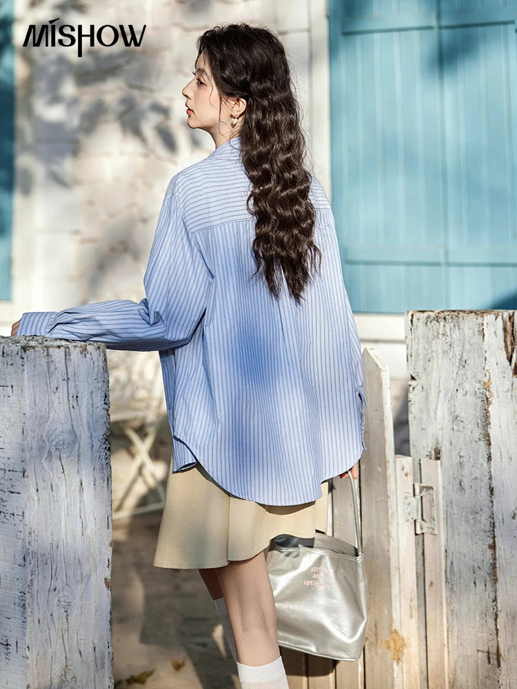 MISHOW Blue Striped Shirt Pocket Turn-Down Collar MXE11C0399
