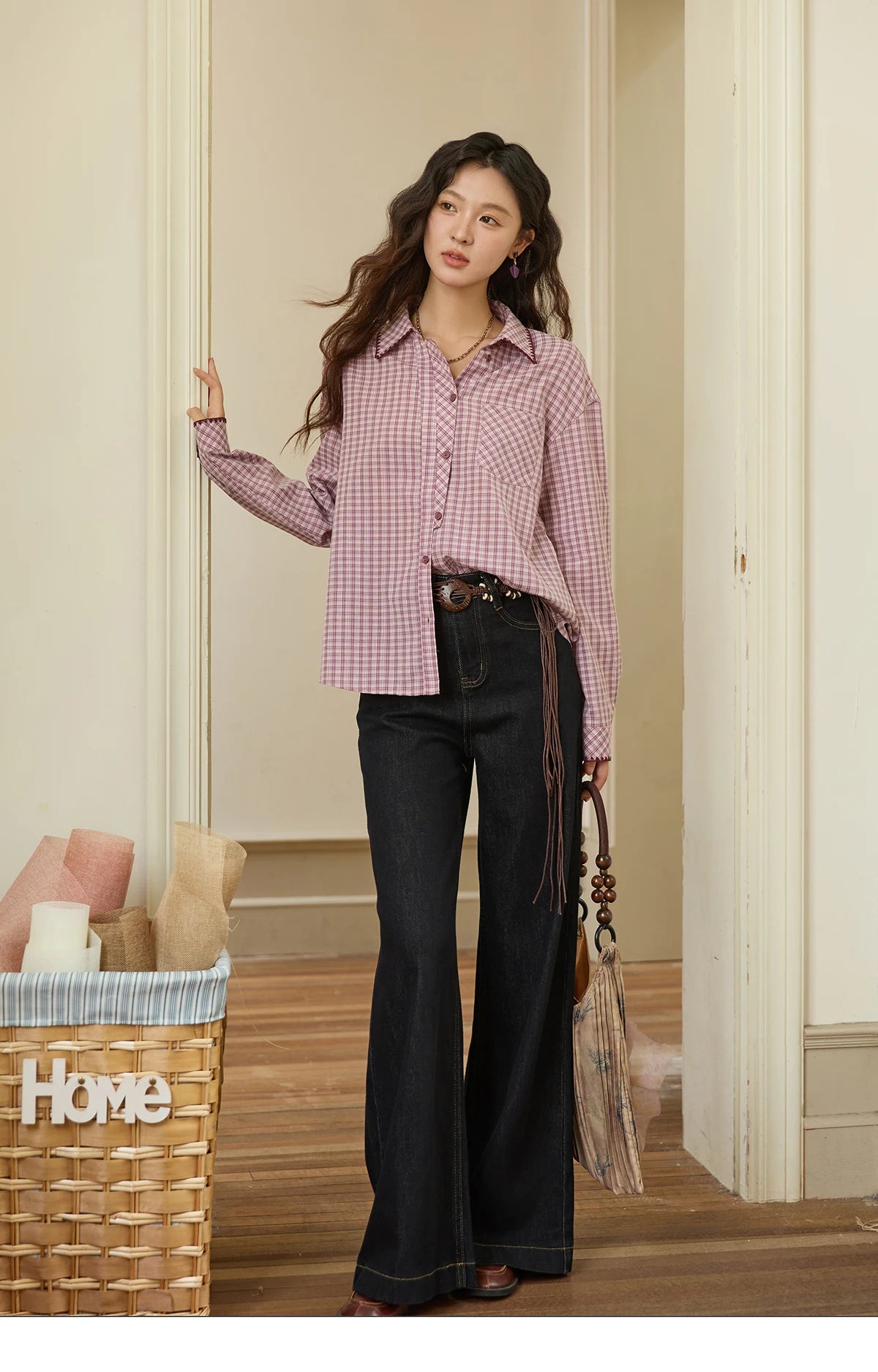 MISHOW Purple Plaid Shirt Contrast Embroidery Pocket MXE44C2394