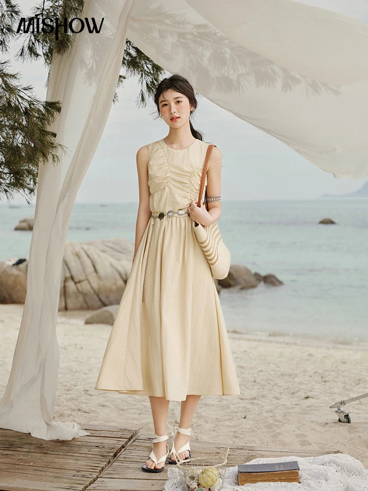 Mishow Solid Sleeveless Belted Office Dress MXE31L2188