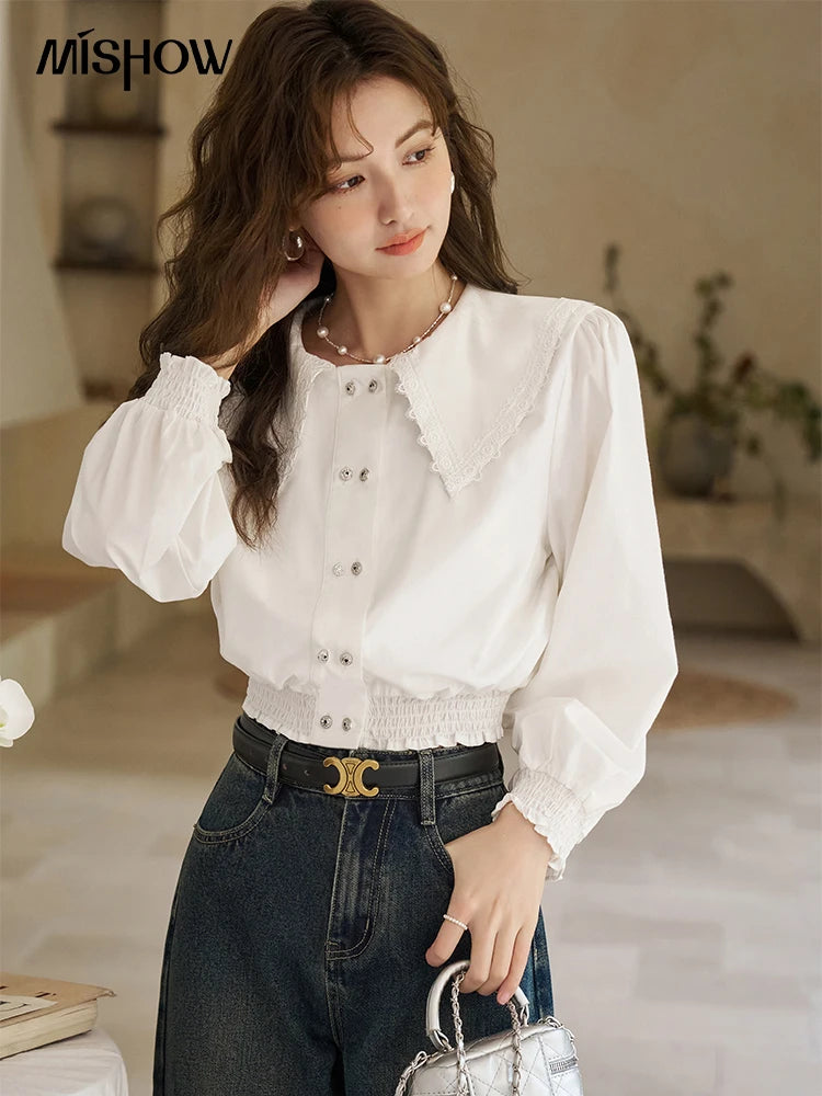 MISHOW Korean Doll Neck Shirt Lace Patchwork Bubble Sleeve Elastic Hem MXD12C0164