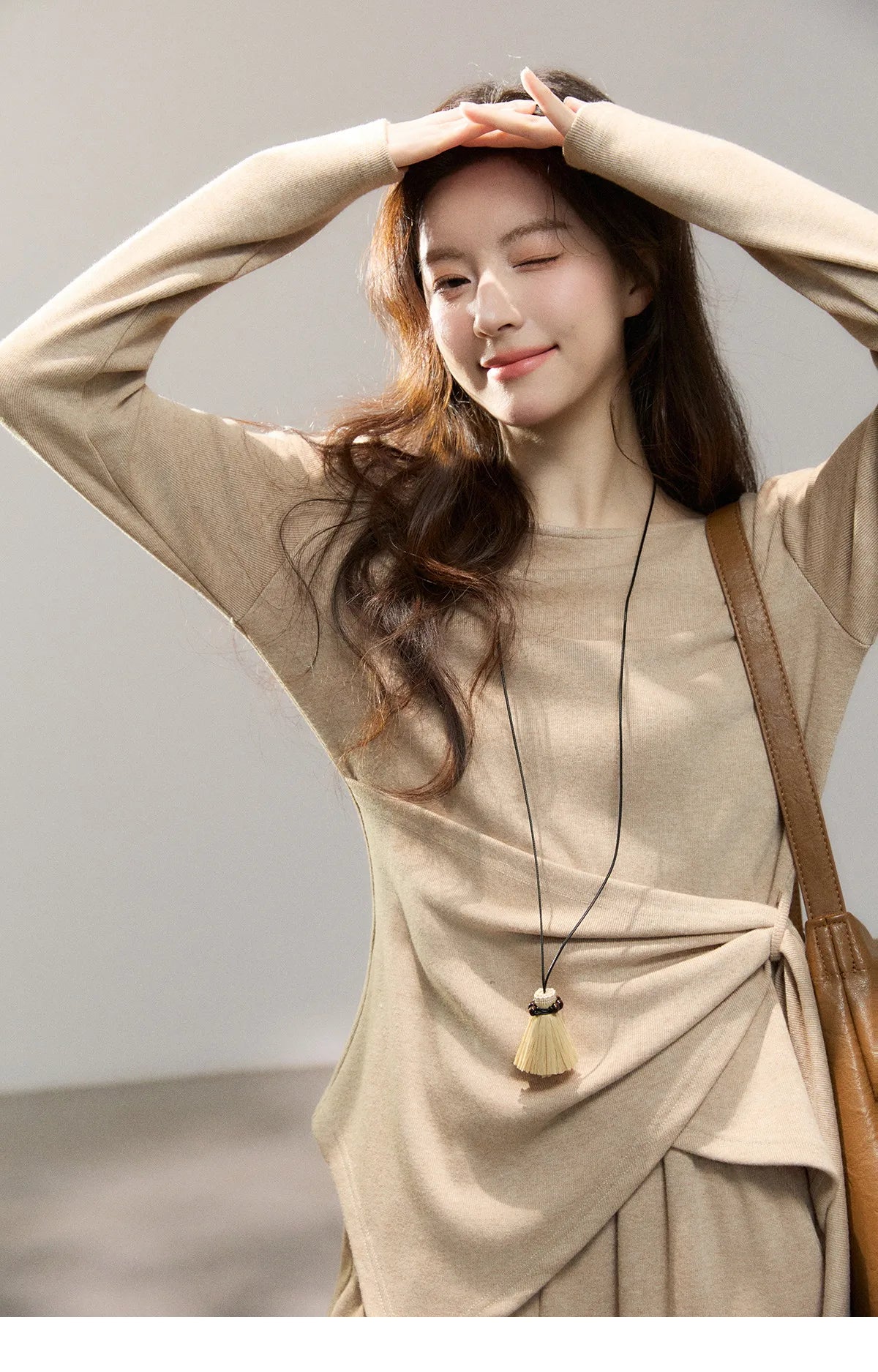 Mishow Khaki Asymmetrical Hem Top & Wide Leg Pants Set MXF11T1465