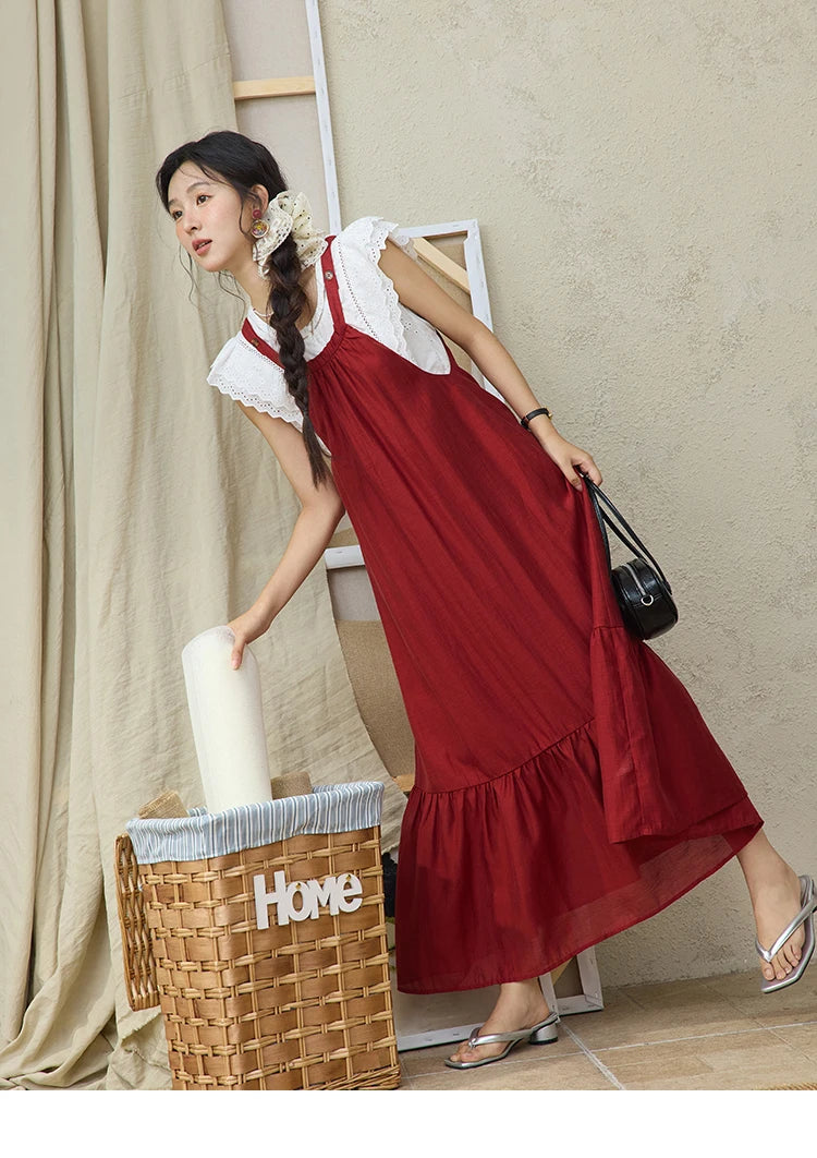 Mishow Red Linen Hanging Neck Strap Midi Dress MXE36L2309