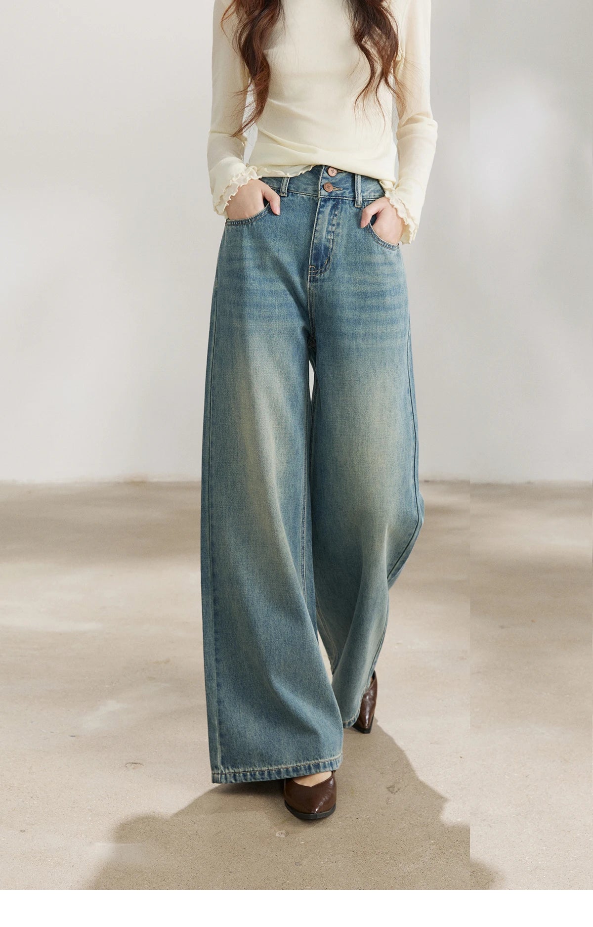 Mishow Vintage Blue Two-Button Wide Leg Jeans MXF108K1005