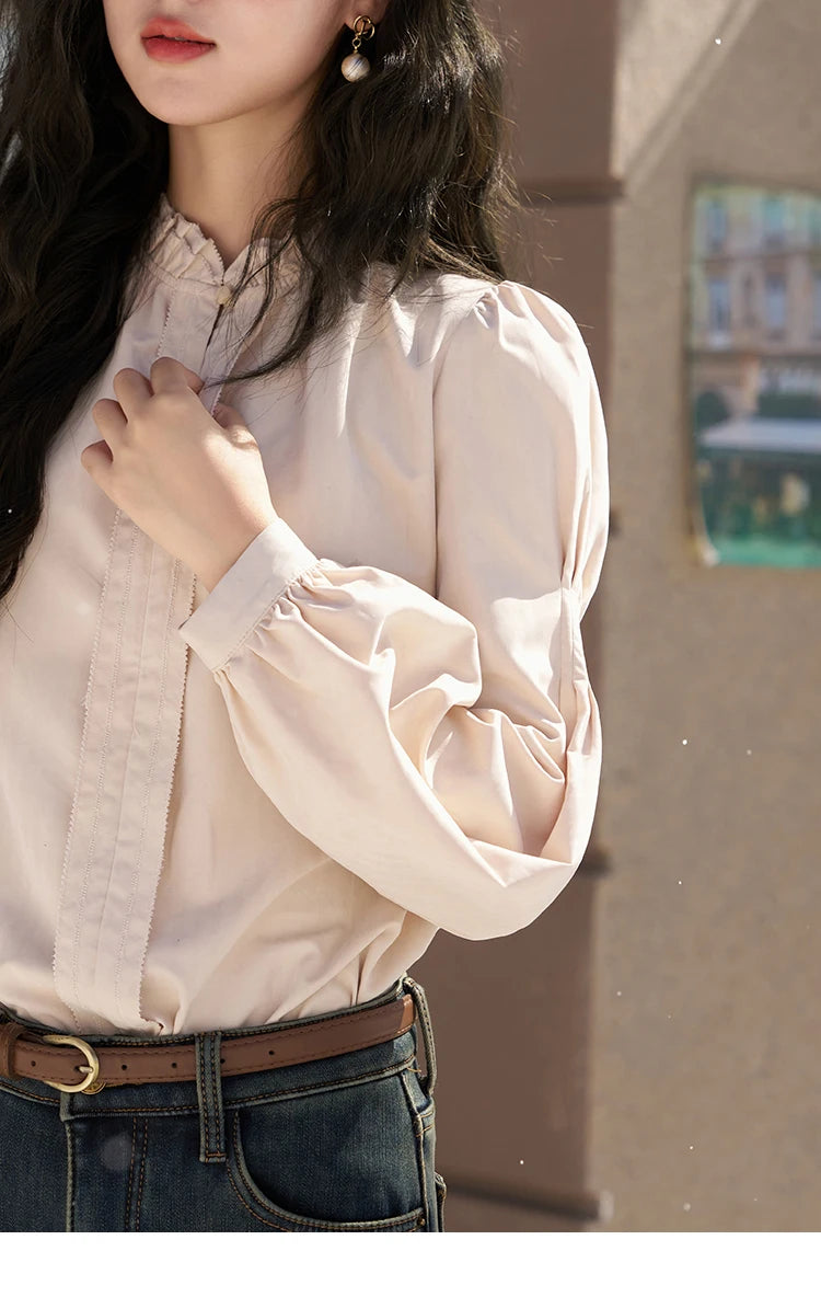 MISHOW Button Up Lantern Sleeve Shirt Ruffle Neck MXC56X1320