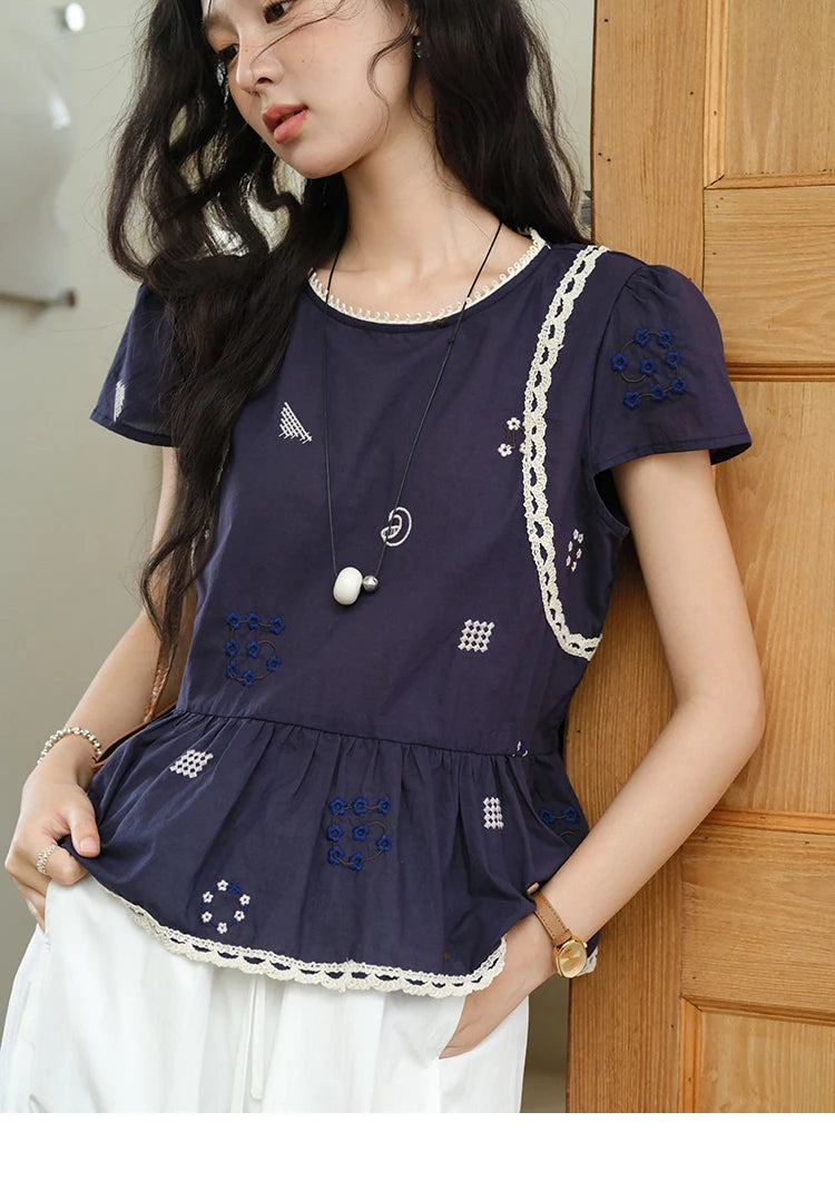 MISHOW O-Neck Spliced Lace Blouse Embroidery Flower MXE39X1965