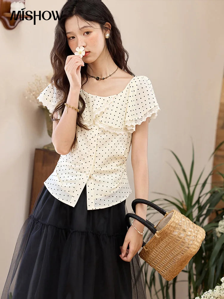 MISHOW Apricot Polka Dot Shirt Ruffle Edge Patchwork Lace MXE34X1783