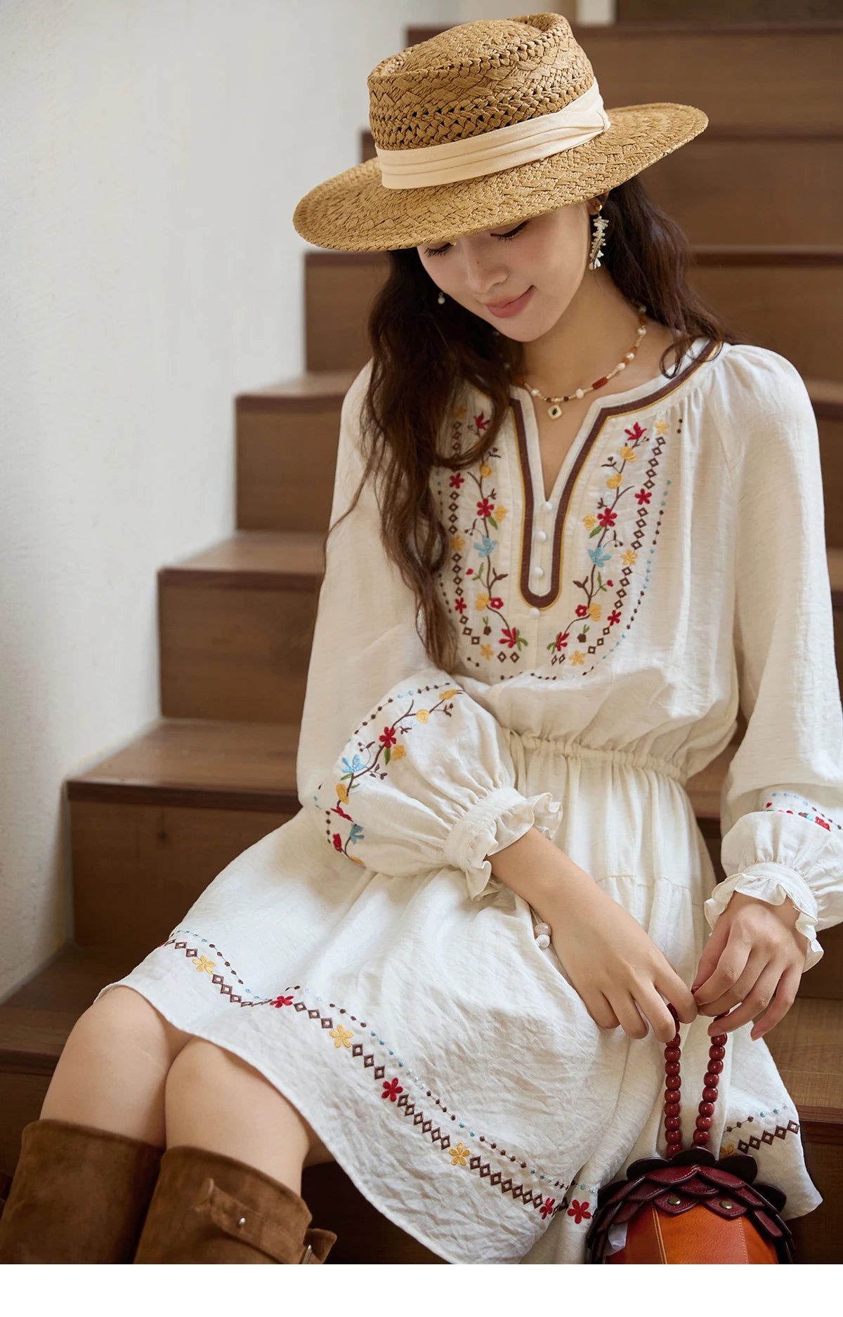 Mishow V-Neck Embroidered Drawstring Bohemian Dress MXE44L2489