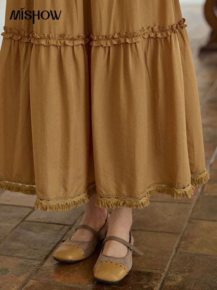 MISHOW Retro Orange Lyocell Skirt Black Fungus Edge Tassel MXE42B2386