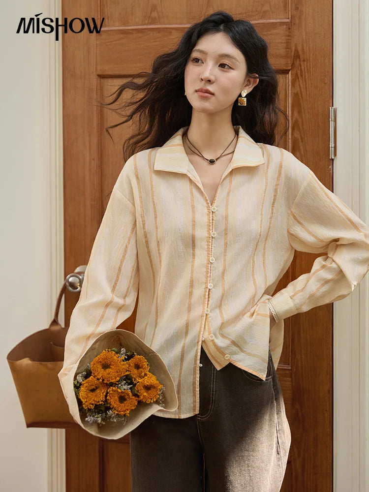 MISHOW Orange Stripe Linen Shirt Lapel Collar Lace Trim Cuffs MXE43C2379