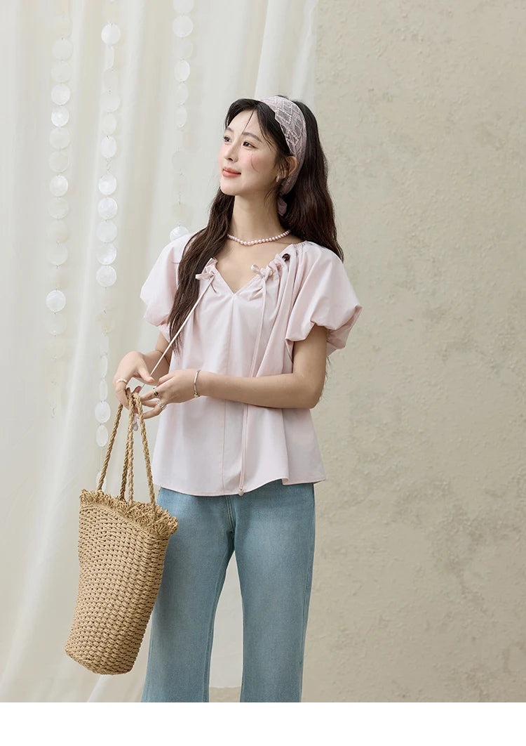 MISHOW V-Neck Puff Sleeve Blouse Beaded Retro Top MXE33X1757