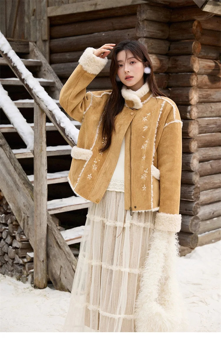 MISHOW Floral Embroidered Fur Jacket Plush Lapel Zipper MXE87W0918